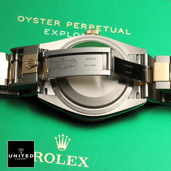 Rolex 2021 Explorer 124273 Two Tone Bracelet Inspired Open Fold Clasp on the Rolex Box