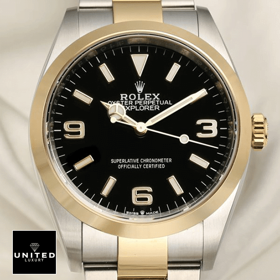 Rolex 2021 Explorer 124273 Yellow Gold Bezel Inspired cream tulle background