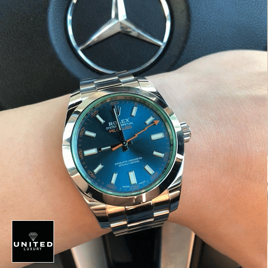 Rolex Milgauss 116400GV Green Crystal Oyster Inspired on his arm and Mercedes logo on the back