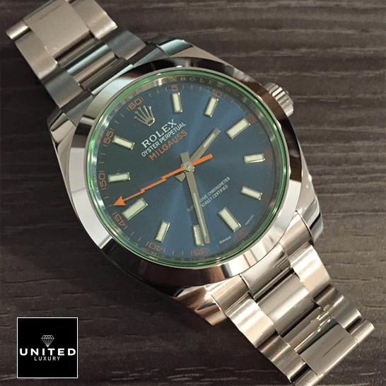 Rolex Milgauss 116400GV-0002 Green Sapphire Crystal and Blue Dial Oyster Inspired on the table