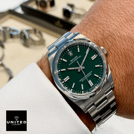 Rolex Oyster Perpetual Green Dial 126000 Inspired on his arm