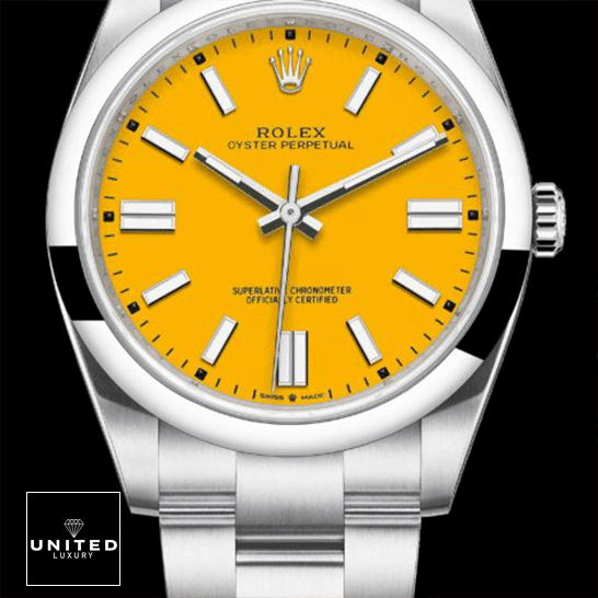 Rolex Perpetual 124300 Yellow Dial Stick indices Inspired and Black Background