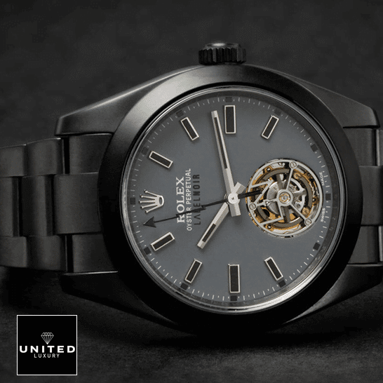 Rolex Label Noir Inspired dial is grey in color with stick indeces and ceramic hour markers